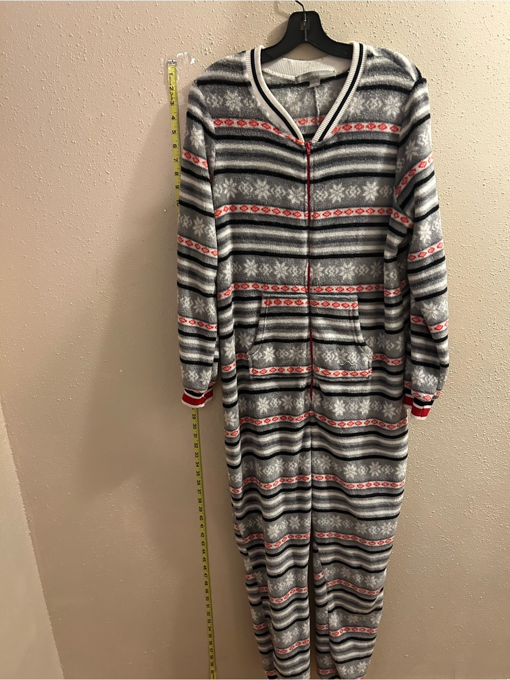 Size XL Cozy Women's Zip-Front Fleece Onesie Pajama - Gray with Red Accents